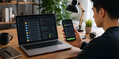 A person reviews a crypto payment dashboard on a laptop