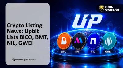 Crypto listing news graphic for Upbit BICO BMT NIL GWEI