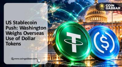 US stablecoin push shown with a dollar coin and digital token icons